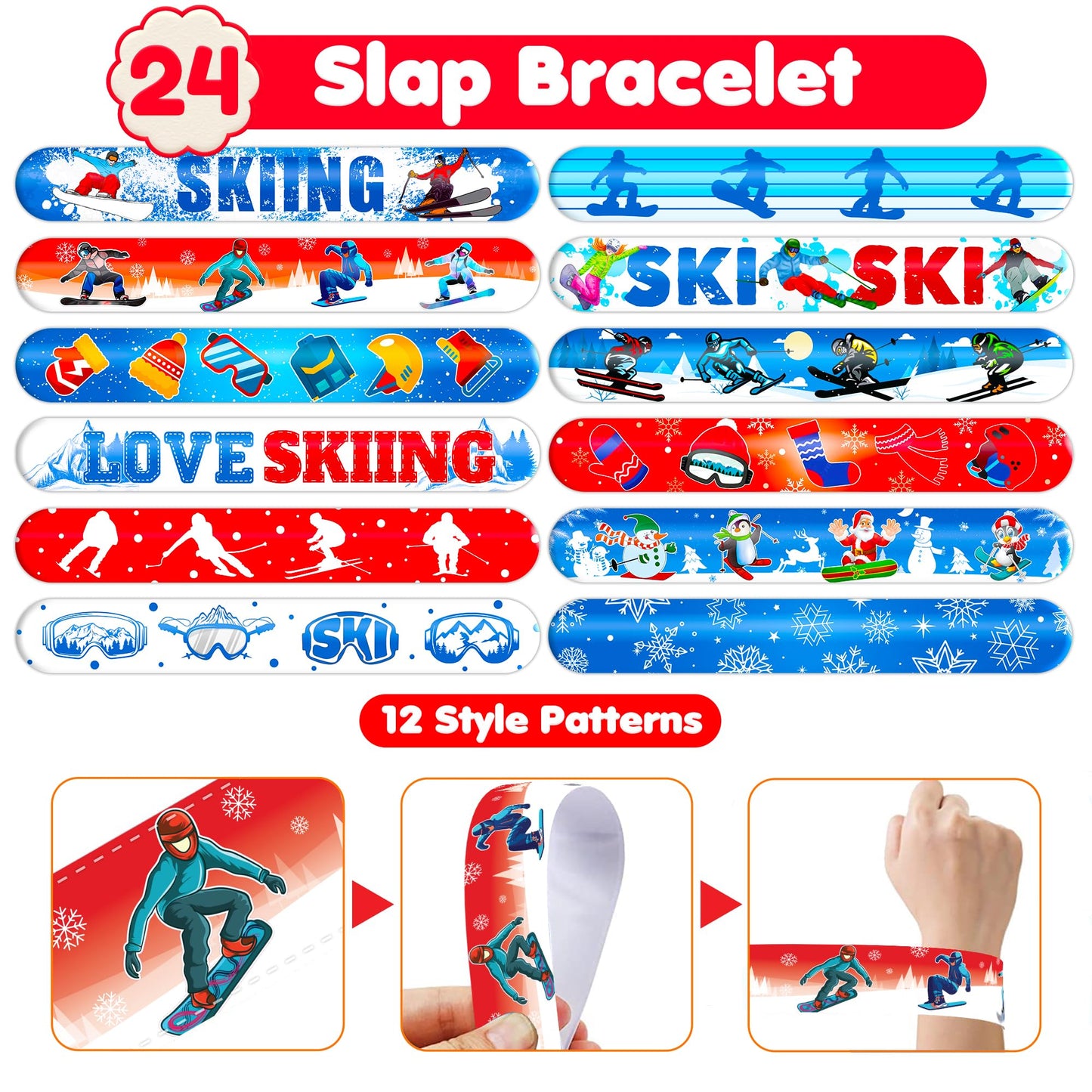 72PCS Skiing Party Set - 48PCS Temporary Tattoos & 24PCS Slap Bracelets - Fun Winter Sports-Themed Birthday Supplies, Baby Shower Gifts, Classroom Rewards & Party Decor for Kids (Boys & Girls)