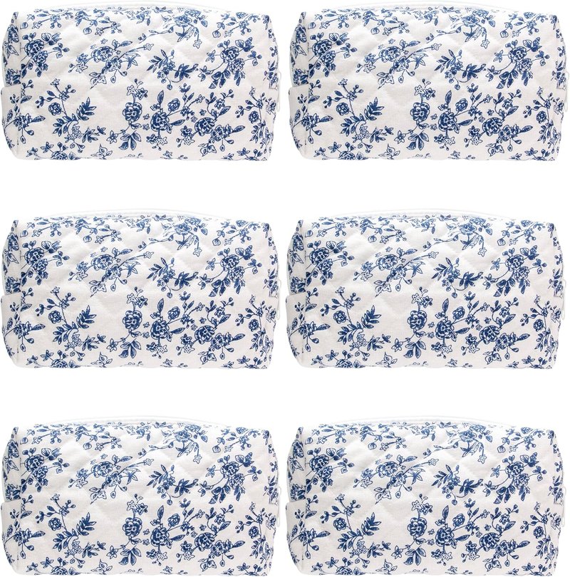 Vintage Quilted Makeup Bag Set - 6PCS Cosmetic Pouches for Brushes & Travel Accessories | Jouy Blue