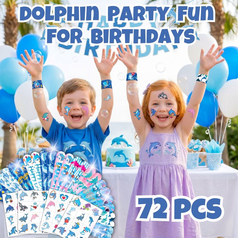 Cherisnowy 72 PCS Dolphin Party Favors - 48 Temporary Pre-Cut Tattoos & 24 Slap Bracelets - Party Favors for Boys & Girls, Birthday Goodie Bag Fillers, Baby Shower Gifts, Classroom Rewards