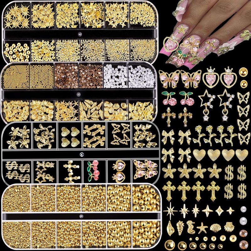 KACHIMOO Gold Nail Charms,Pink Nail Art Charms 4 Boxes Nail Gems Nail Pearls 3D Cross Butterfly Cherry Heart Star Bow Flower Dollar Nail Rhinestones,3D Nail Art Charms for Nails Design