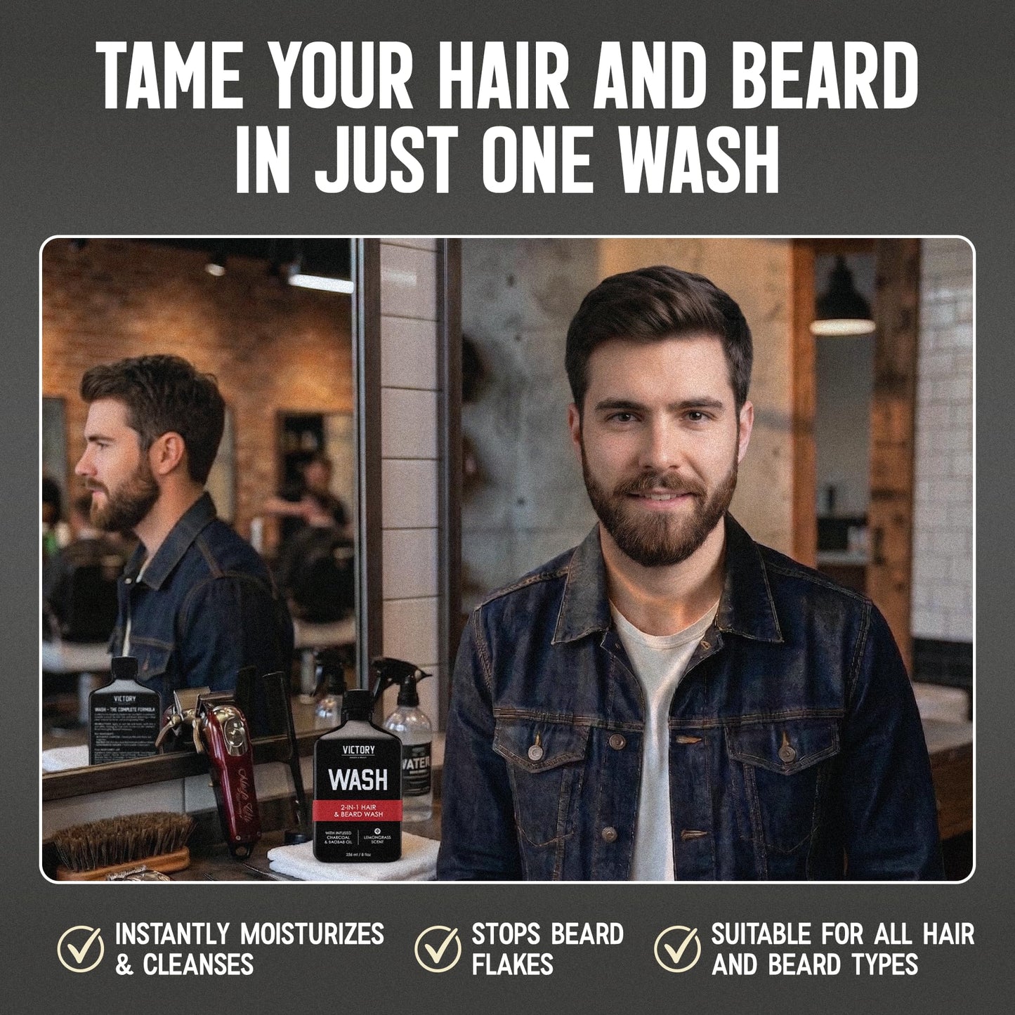 Victory Barber & Brand Beard Wash - Made in USA, Men's All-in-One Shampoo and Conditioner, Hydrating, Smoothening, Softening, 8.4 Fl Oz