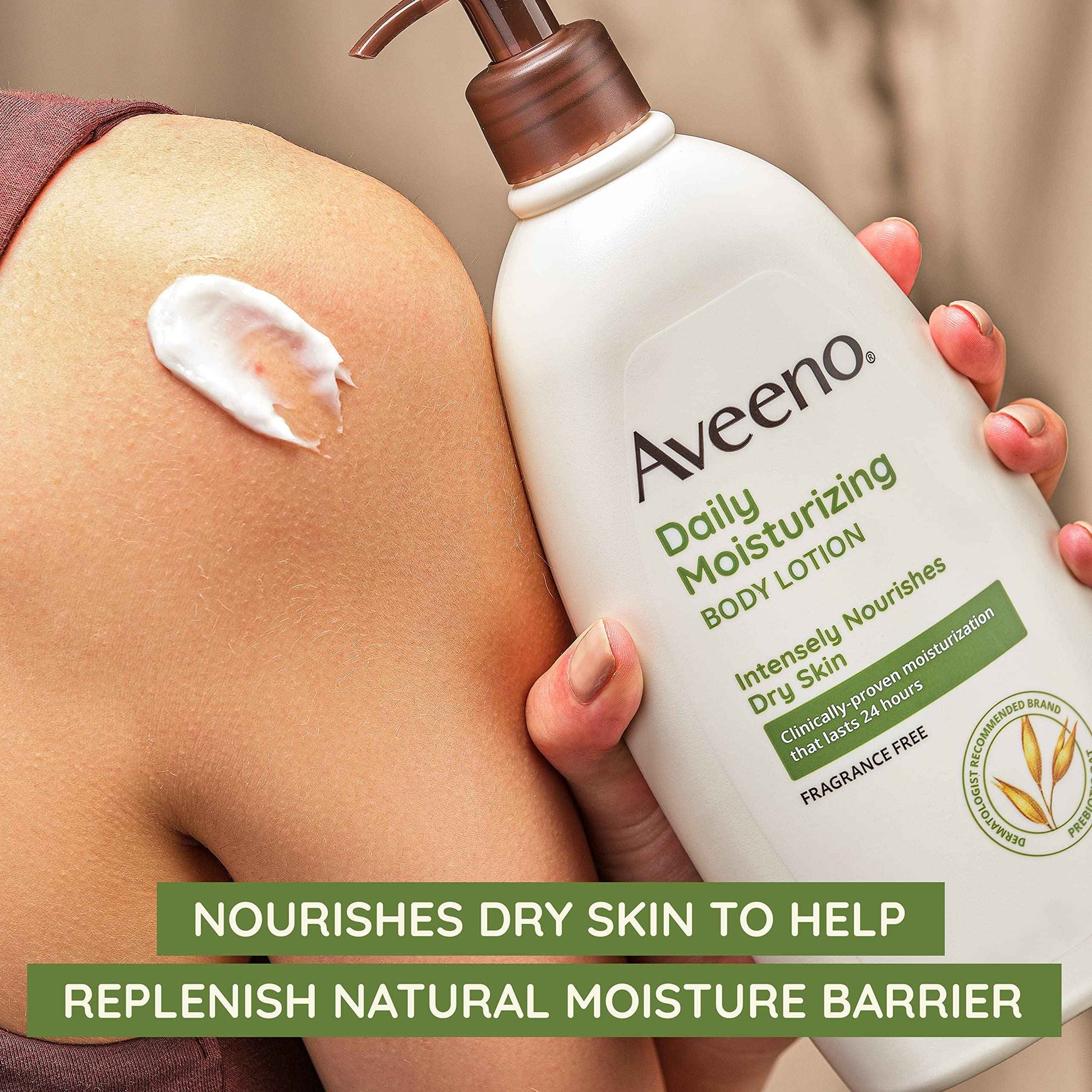 Aveeno Daily Moisturizing Body Lotion with Soothing Prebiotic Oat, Gentle Lotion Nourishes Dry Skin With Moisture, Paraben-, Dye- & Fragrance-Free, Non-Greasy & Non-Comedogenic, 12 fl. Oz (Pack of 2)