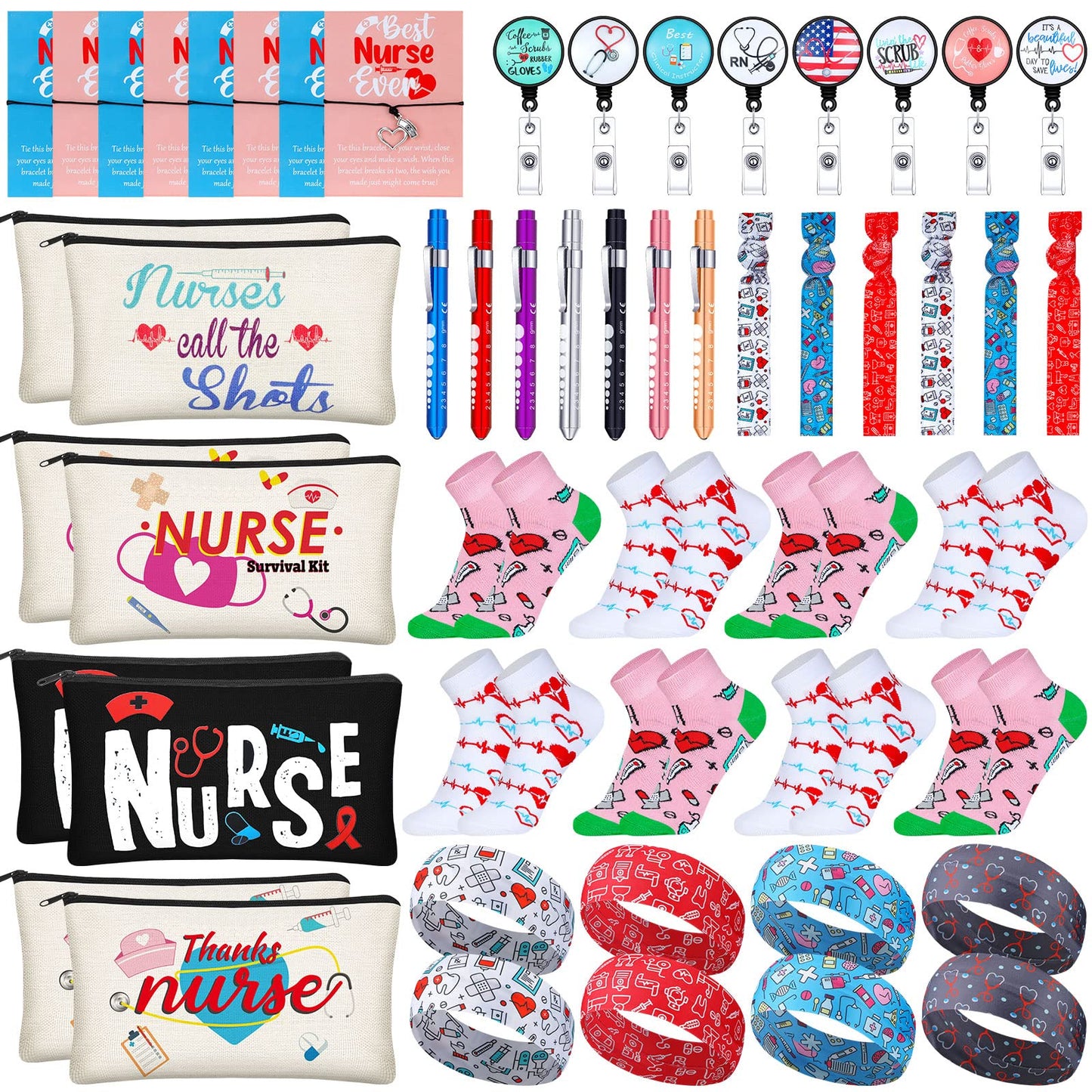72 Pcs Nurse Week Gifts Bulk 2026,Nurses Appreciation Gift Set for Women Socks Makeup Bag Penlight Badge Reels Headband Bracelet Hair Rope for Graduation Gratitude Employees Doctor Hospital Staff Team