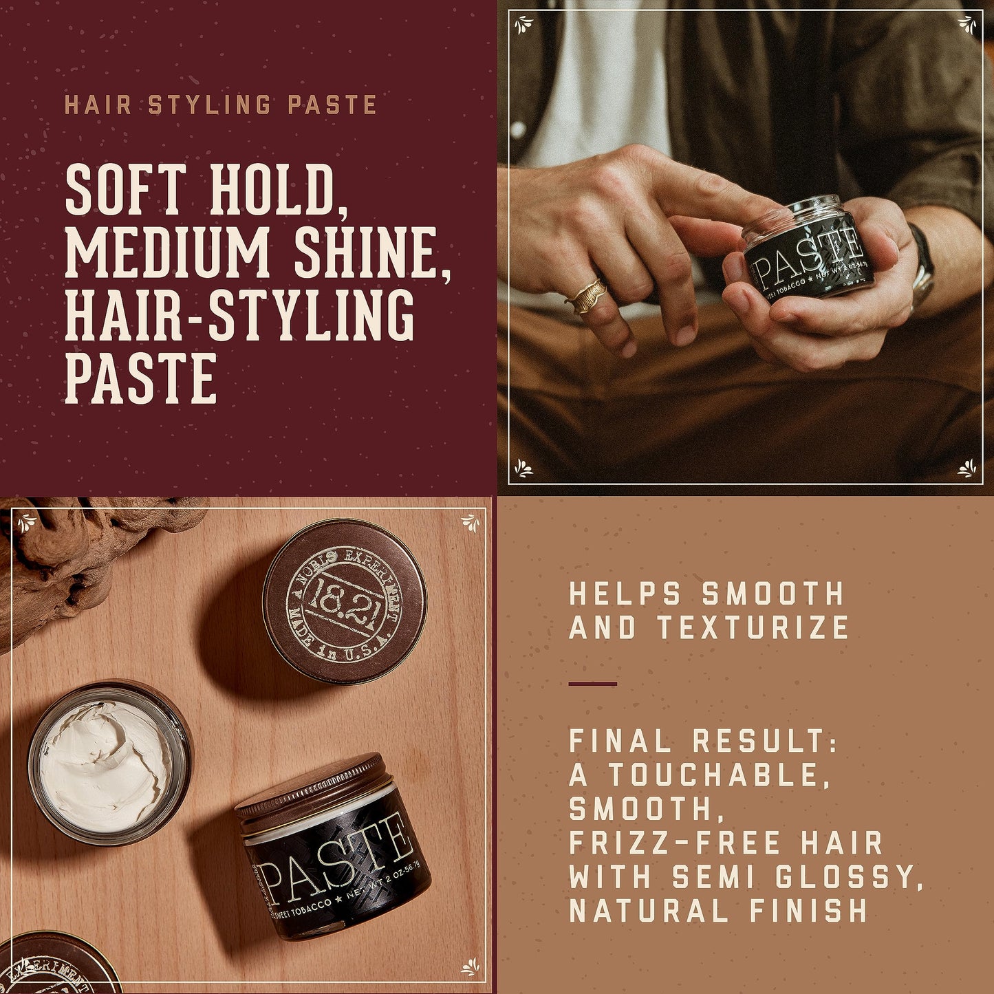 18.21 Man Made Hair Styling Product,2oz. Original Sweet Tobacco Scent in Paste with Natural Shine Finish,(Pack of 2)