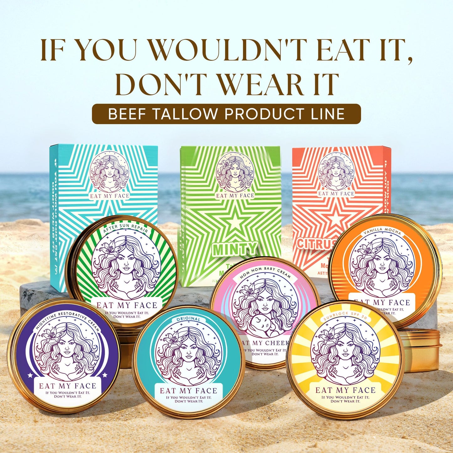 Eat My Face BEEF TALLOW Reef Safe Sunscreen SPF 30 – Non Nano Zinc Oxide – Water Resistant, Organic – Moisturizing Sunblock for Face & Sensitive Skin – 4oz Tin "If You Wouldn't Eat It, Don't Wear It!"