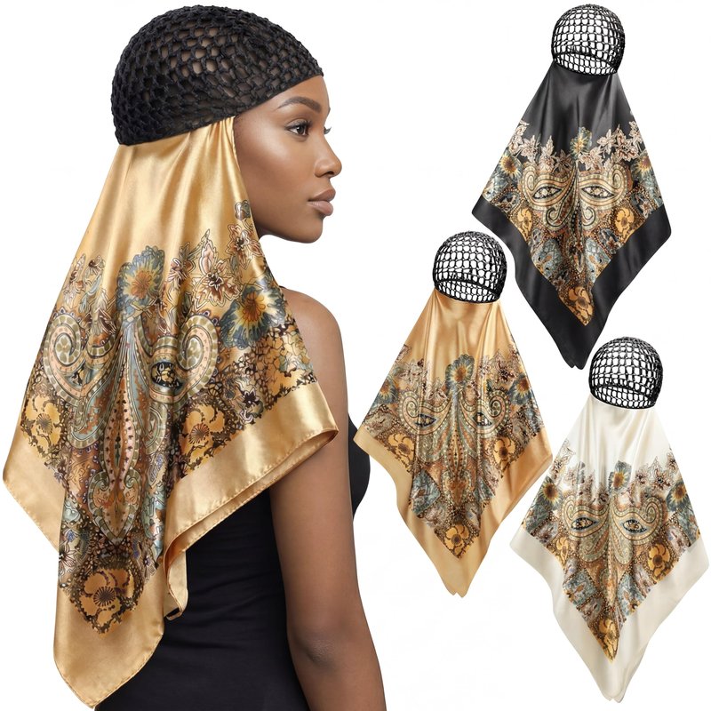 Funnysoft 3 Pcs Wrap Hair Net with Scarf, Women Silk Press Doobie Hair Wrap Netted Scarf 2 in 1 Easy-to-use for Silk Press & Nighttime Care, Sleep & Shower Cap(Luxury Boho,Beige Yellow Gold)