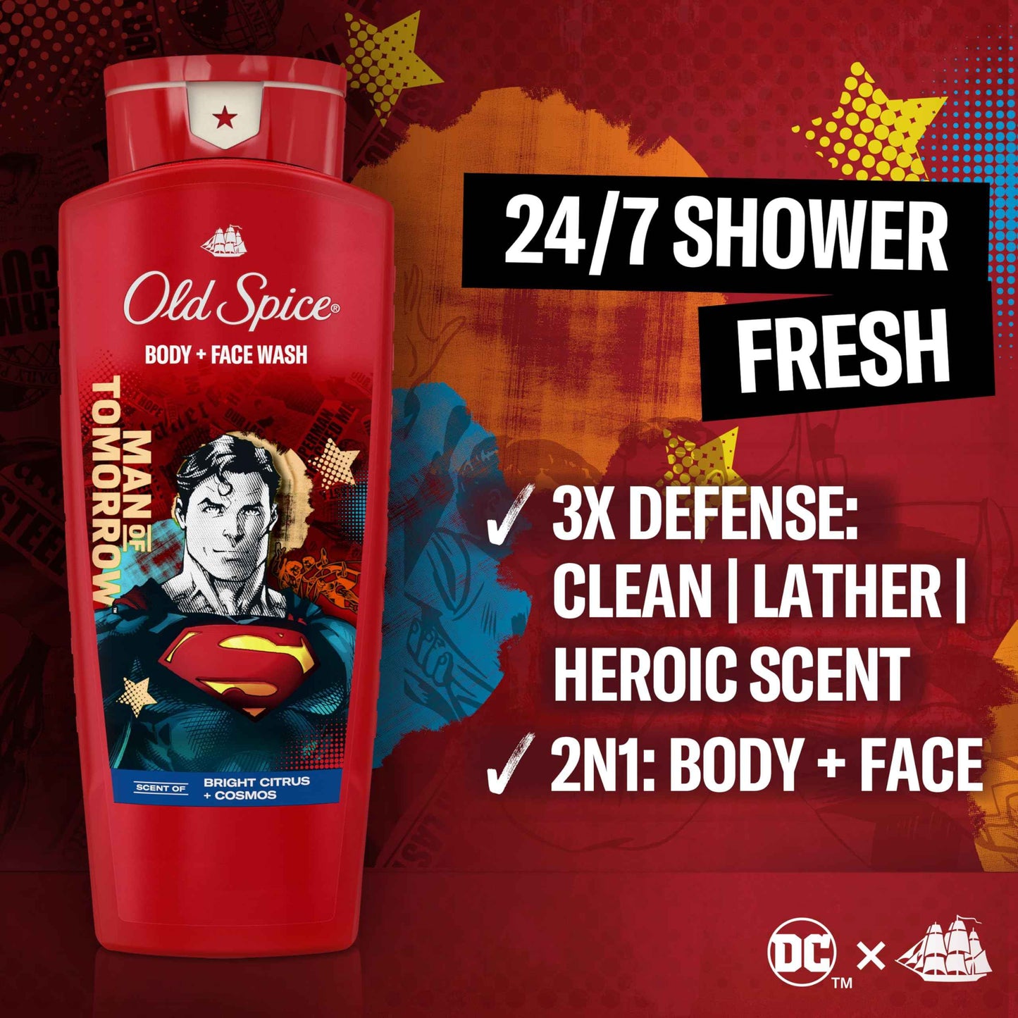 Old Spice Body Wash + Antiperspirant Deodorant Bundle Pack, Superman Man of Tomorrow, 24/7 Freshness, Smell Like a Hero, Bright Citrus + Cosmos Lasting Scent, 24 oz & 2.6 oz (Pack of 2)