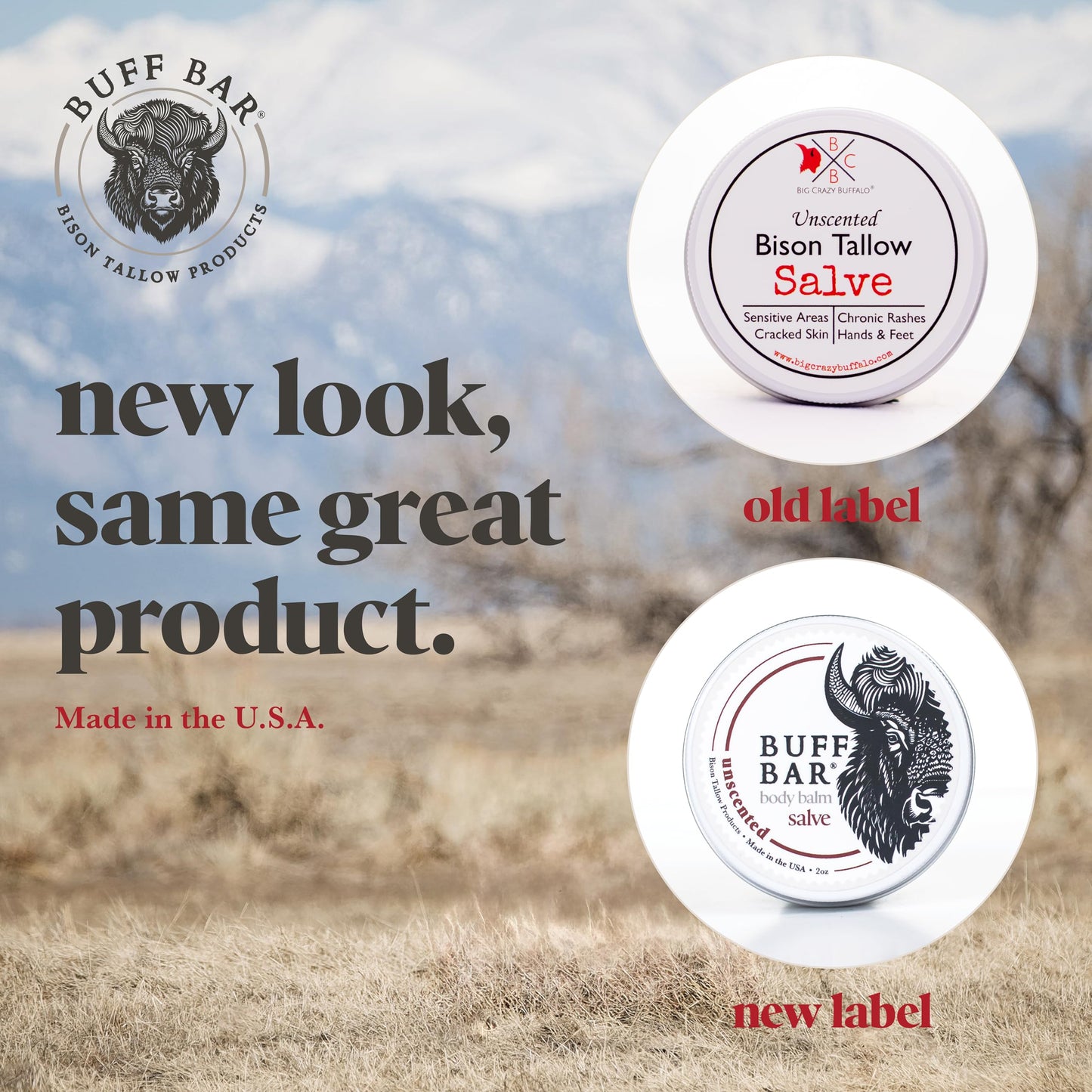 Big Crazy Buffalo Buff Bar Bison Tallow Balm Lavender Mint, All Purpose Skin Moisturizer, Dry Cracked Skin Hands Face Feet, Natural Non-Comedogenic Hydration, Sensitive Skin, 2 oz Tin (2-Pack)