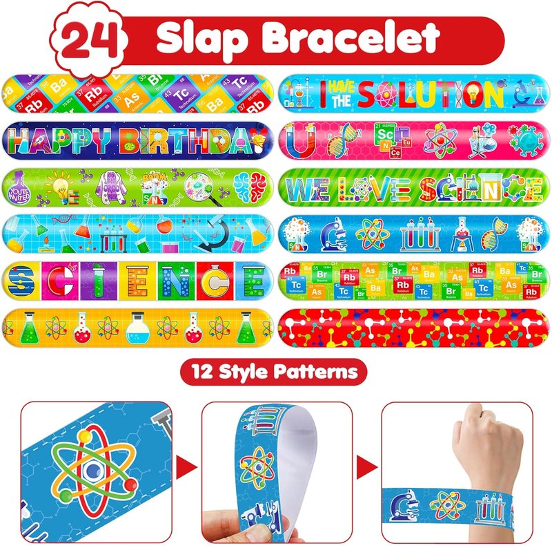 Science Party Favors - 48PCS STEM-Themed Tattoos & Slap Bracelets | Birthday, Baby Shower & Classroom Rewards for Kids