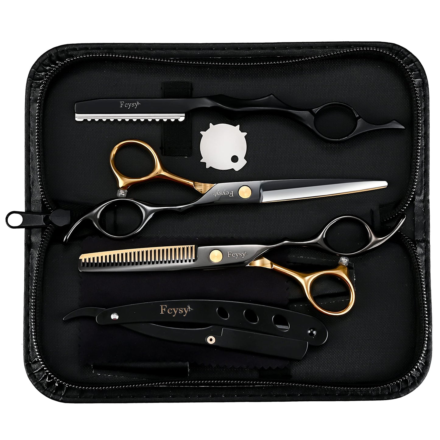 Hair Cutting Scissors Thinning Shears Kit for Haircutting, Fcysy Professional Barber Scissors Set, Black Haircut Scissor Blending Shears Straight Edge Razor Barber Supplies for Men Women