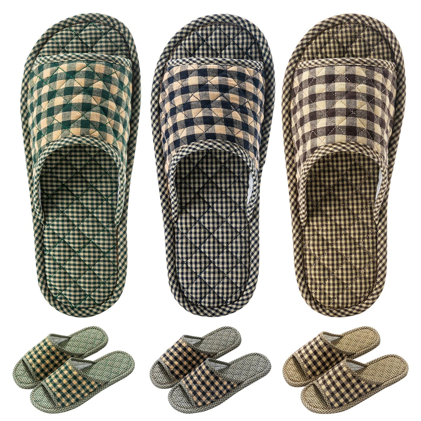 biroris 3 Pairs Plaid House Slippers for Men, Open Toe Indoor Slippers Comfortable Washable Portable Foldable Guest Travel Hotel Airplane Spa Slippers