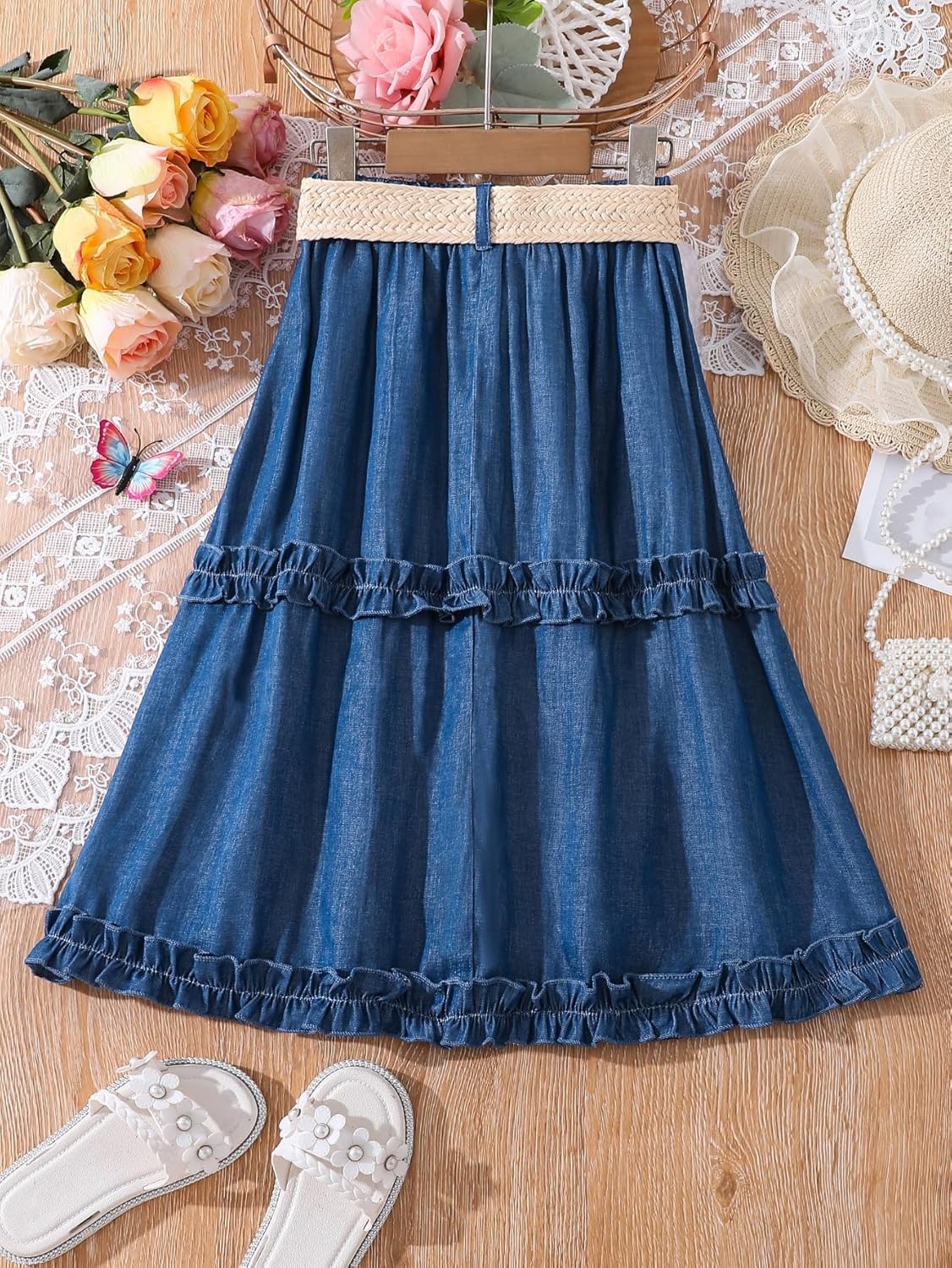 Girl's High Elastic Waist Flared Midi Skirt - Cute Frill Trim Design | Swing Style