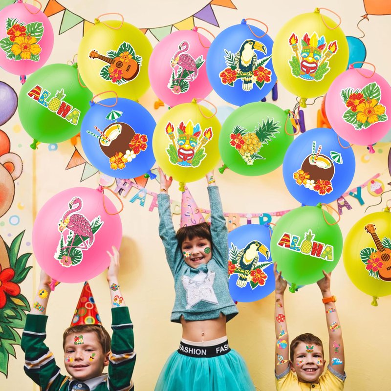 72 PCS Tropical Luau Party Favors – 48 Pre-Cut Temporary Tattoos & 24 Punch Balloons Themed Birthday Party Decorations Supplies Favors Gifts, Goodie Bag Fillers, Classroom Rewards
