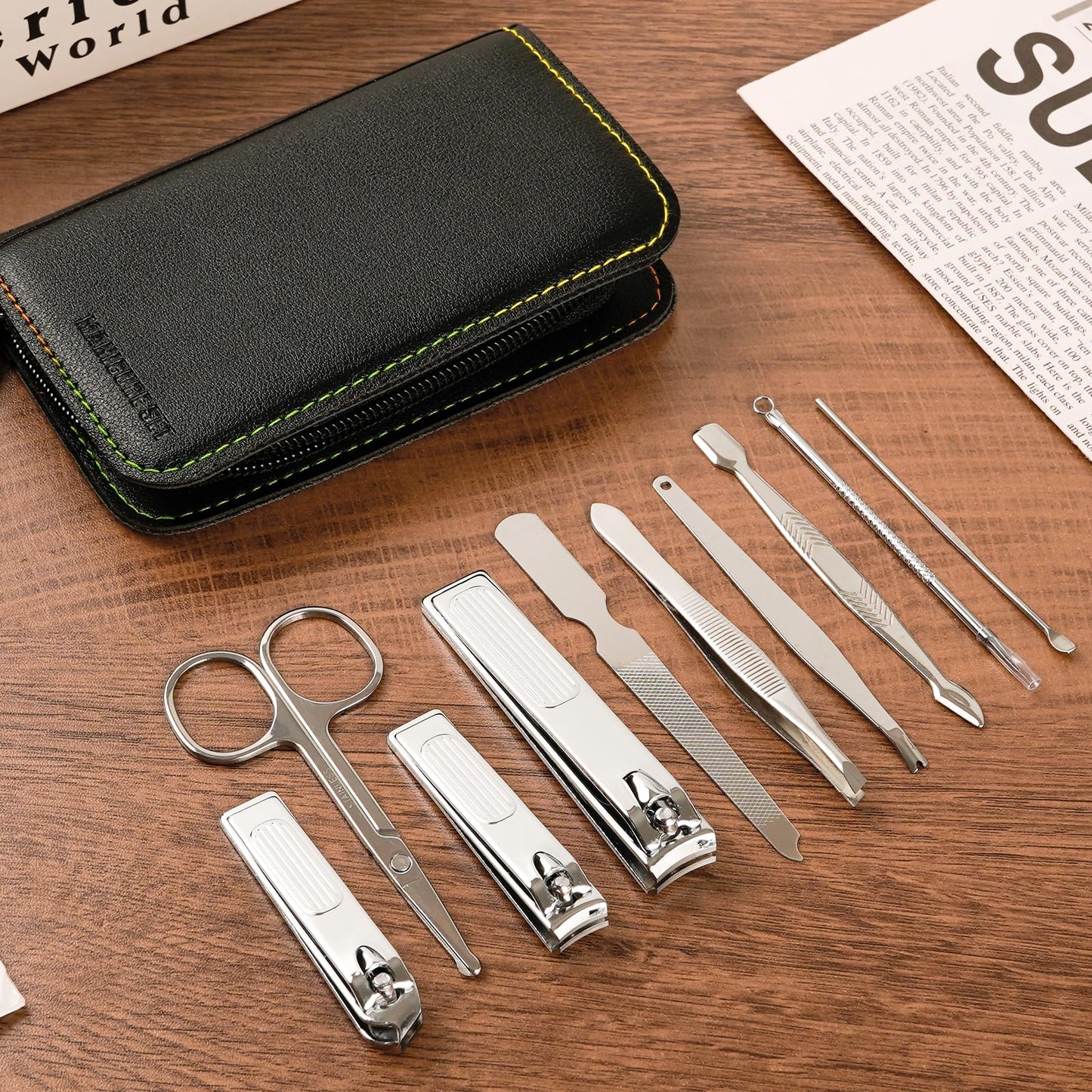 10 PCS Premium Stainless Steel Nail Clippers Set, Professional Manicure Pedicure Kit with Zipper Portable PU Leather Case, Travel Grooming Kit, Ideal Gift for Men and Women(C-Black)