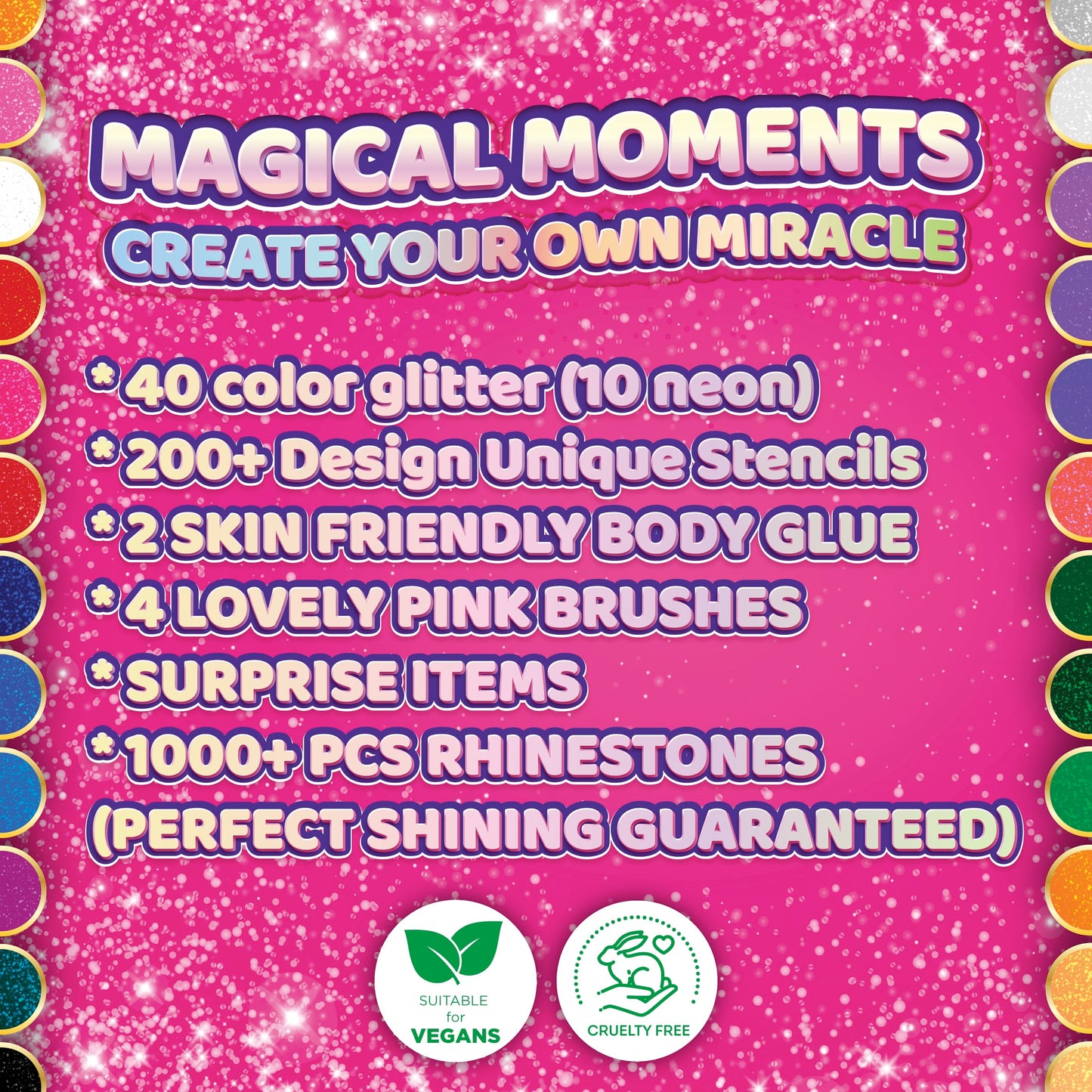 40 Colour - Glitter Tattoos for kids, Glitter tattoo kit, Temporary Tattoos for kids, Face glitter, 200+ Stencils, 40 Colour (10 neon), Rhinestones, Girls birthday present, Face Glitters
