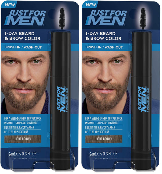 Just for Men 1-Day Beard & Brow Color, Temporary Color for Beard and Eyebrows, to a Fuller, Well-Defined Look, Up to 30 Applications, Light Brown (Pack of 2)