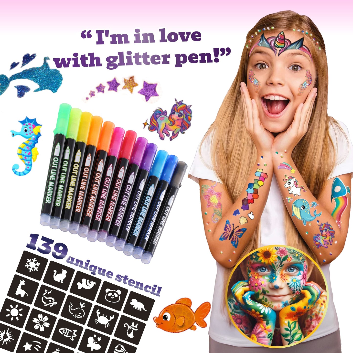 Glitter Tattoos for kids, Temporary Glitter Tattoo Markers for Skin, Glitter tattoo kit, Temporary Tattoos, face glitter, party bag fillers, girls birthday present, face glitter festival, face paint