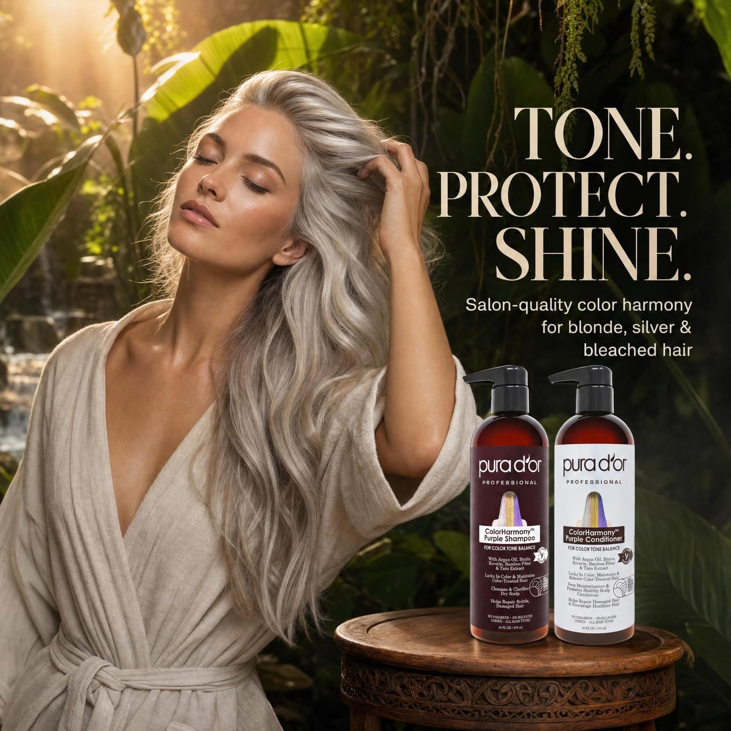 PURA D'OR Purple Shampoo & Conditioner (16oz x 2) ColorHarmony Biotin Set For Bleached, Blonde, Silver & Color Treated Hair - Keratin, Bamboo Fiber, No Sulfates - Men & Women