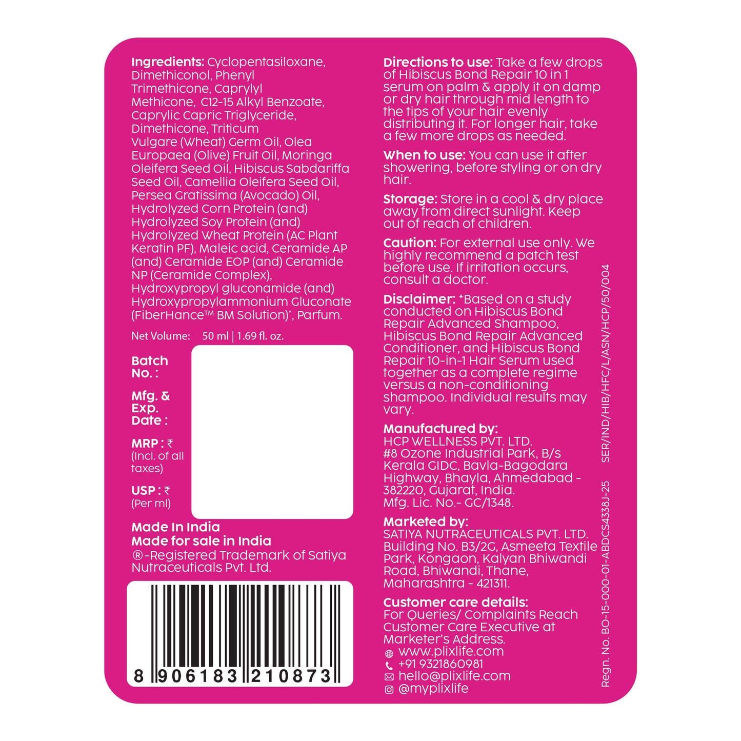 Plix Hibiscus 10-in-1 Bond Repair Hair Serum for Reduced Breakage & Nourished Strands, 1.69 fl oz