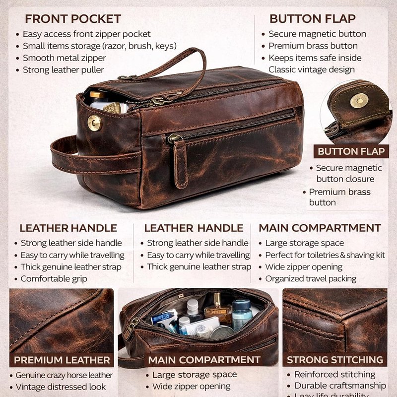 Genuine Buffalo Leather Unisex Toiletry Bag - Premium Travel Dopp Kit | Durable & Stylish Design