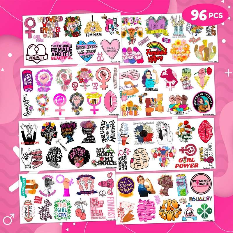 96PCS Funny Girly Feminist Temporary Tattoos Birthday Party Decorations Supplies Favors Decor Women Power Rights Gender Equality Tattoo Stickers Gifts For Adults Kids Girls Boys School Prizes Carnival