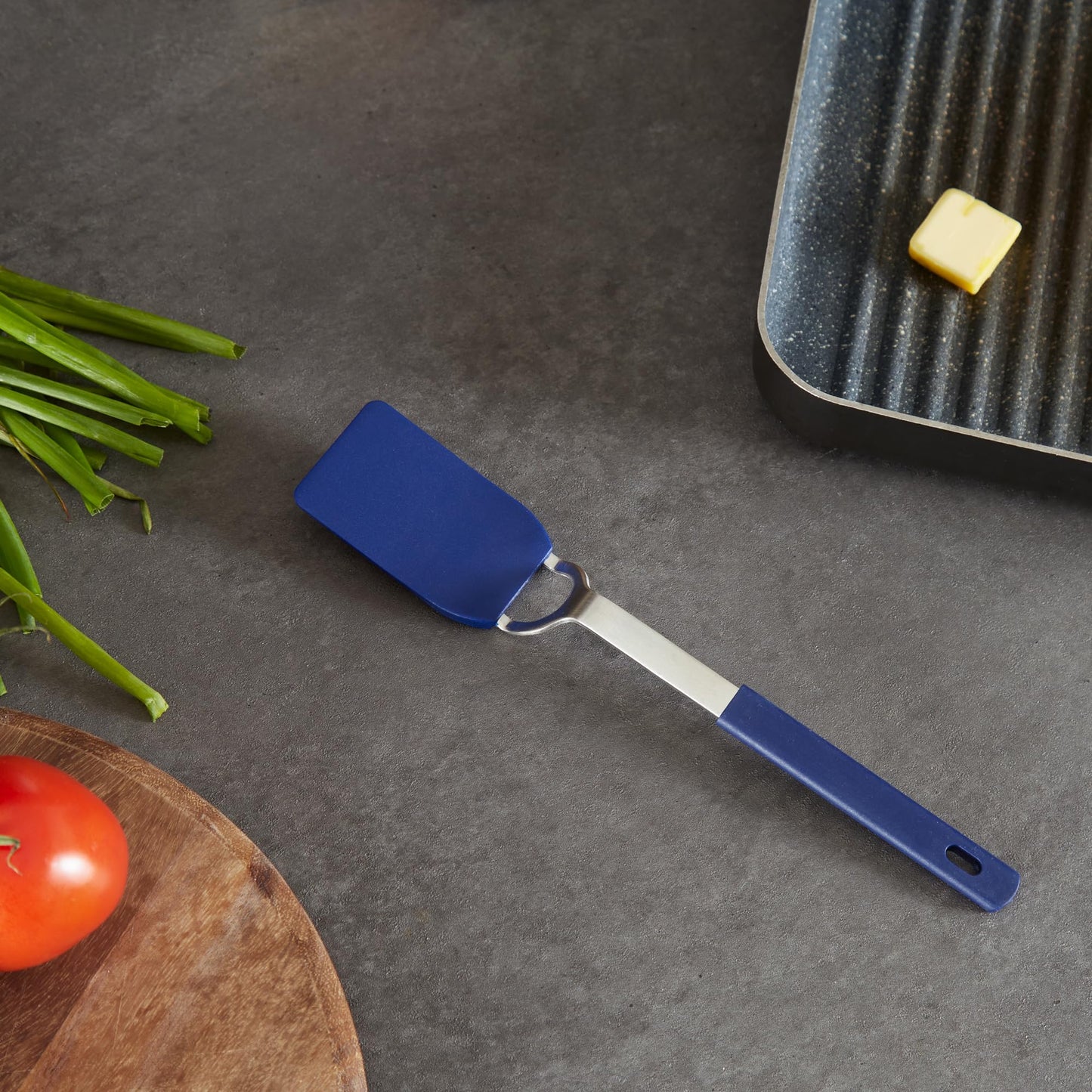 RSVP International Kitchen Tool Collection Flexible Nylon Spatula, Stainless Steel Handle, 10.75x2", Blue