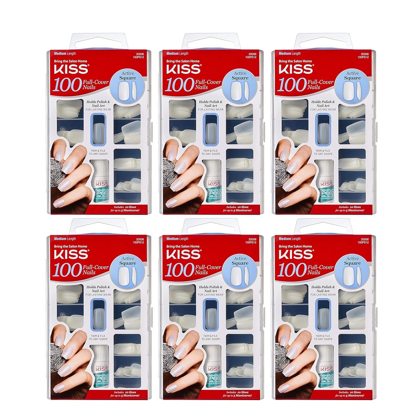 Kiss 100 Full Cover Active Square Nails - Durable & Stylish | Pack of 6