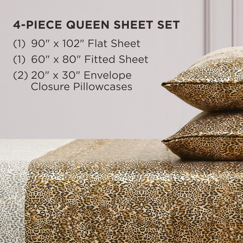 Juicy Couture Queen Size Satin Bed Sheet Set, Deep Pocket Silky Queen Sheet Set with 1 Fitted Sheet, 1 Flat Sheet, 2 Pillowcases, Wrinkle Resistant and Anti Pilling Bed Sheets - Monica Leopard