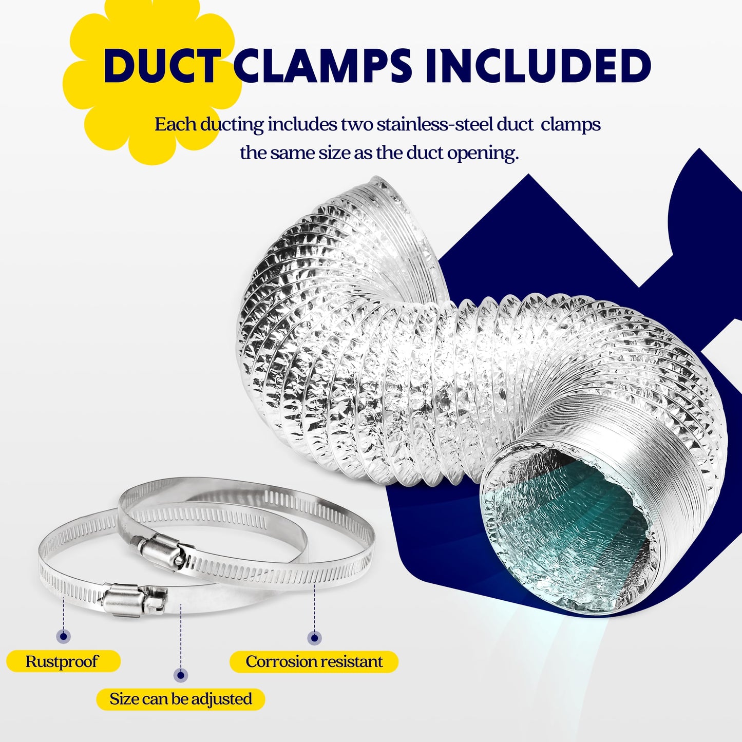 iPower GLDUCT4X8C 4 inch 8 feet Non-Insulated Flex Air Aluminum Foil Ducting Dryer Vent Hose for HVAC Ventilation with 2 Clamps, 4'' X 8', Silver