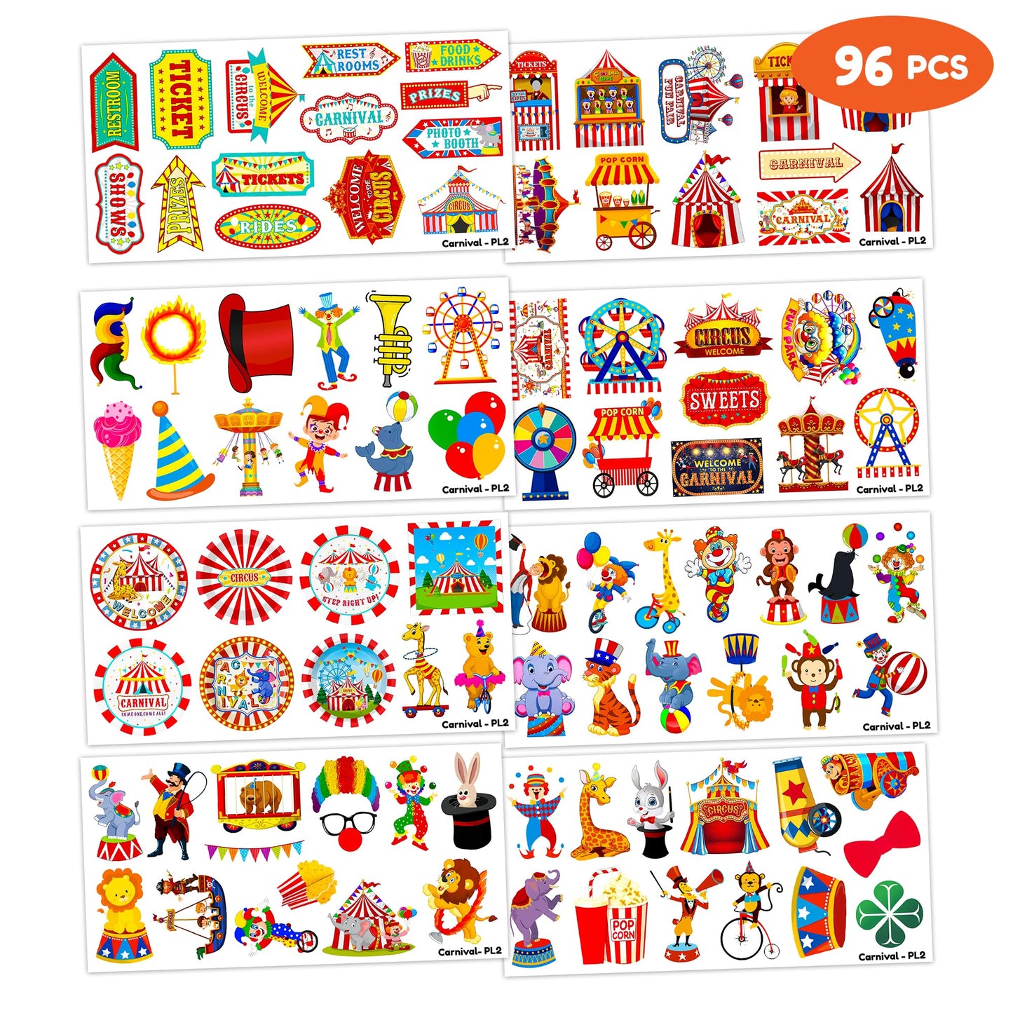 96 PCS Funny Carnival Temporary Tattoos for Kids, Carnival Circus Animals