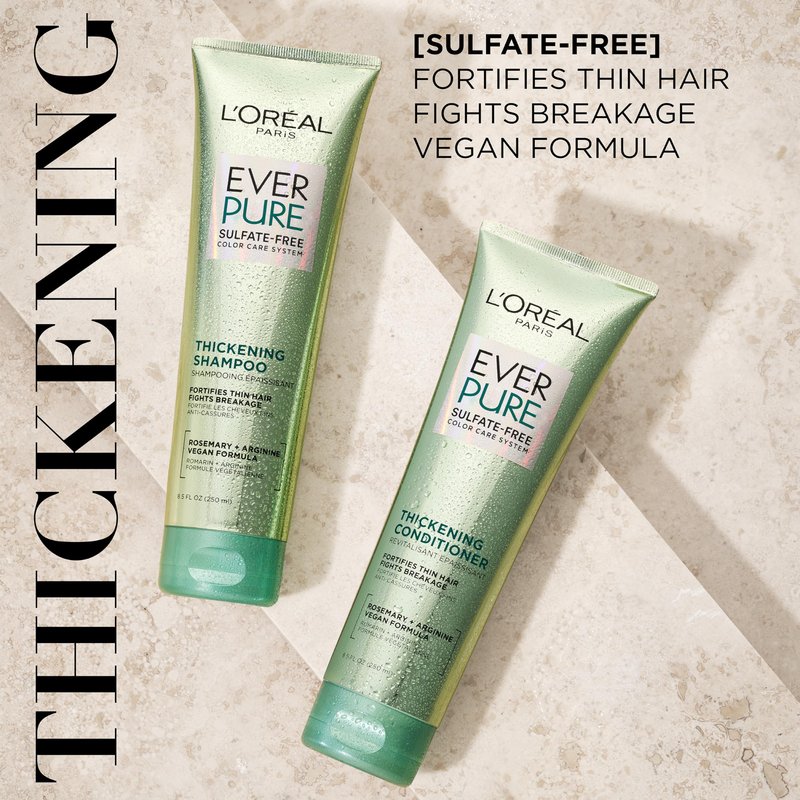 L'Oreal Paris Thickening Sulfate Free Shampoo and Conditioner, Thickens + Strengthens Thin, Fragile Hair, EverPure, 1 Hair Care Kit