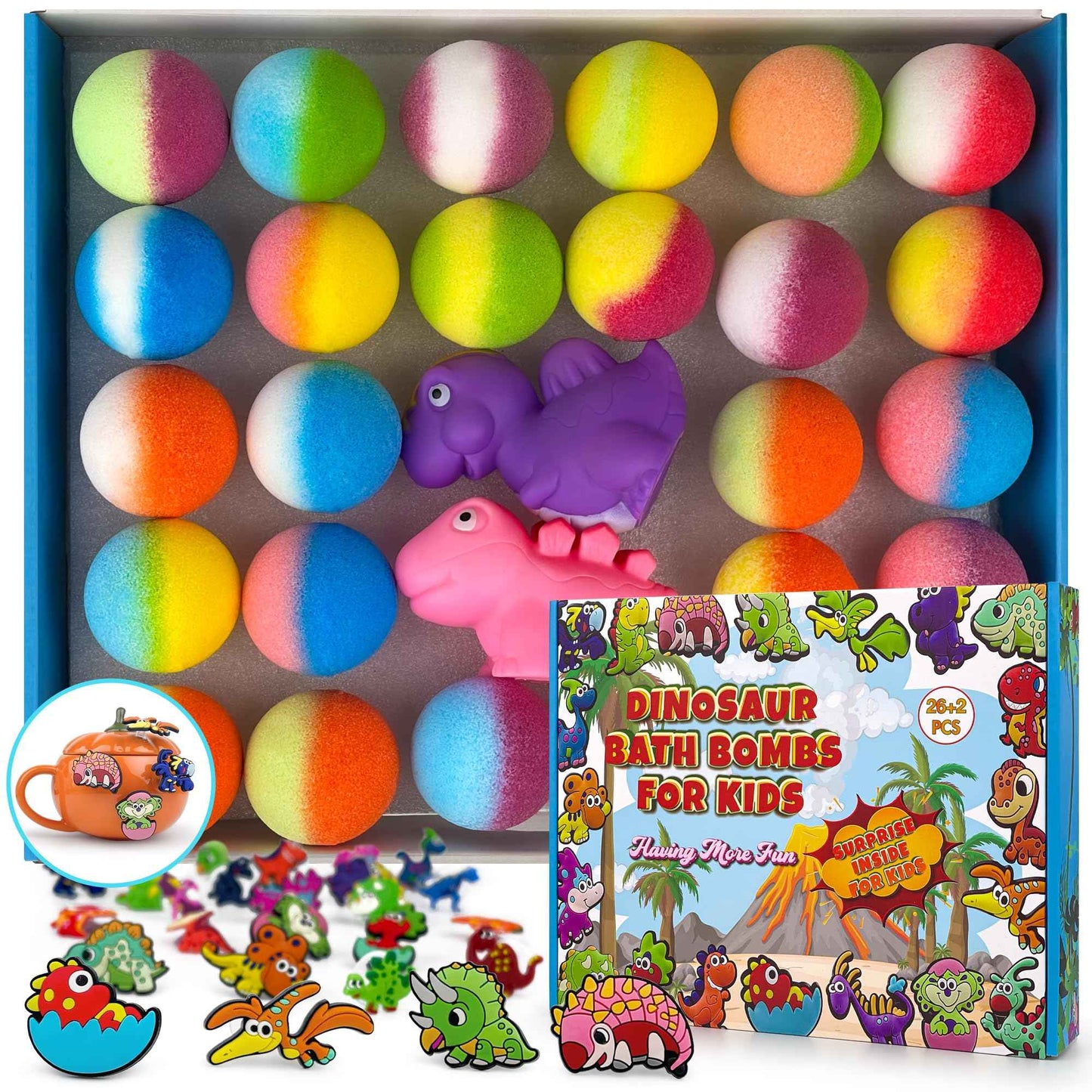 leoce 26+2 PCS Bath Bombs for Kids with 26 Dinosaur Suction Toys Inside, Organic Kids Bath Bombs Gift Sets with 2 Squeeze Dinosaur Toys for Boys & Girls on Birthday, Easter, Christmas, Lavender