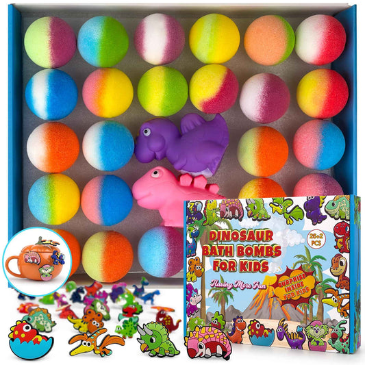 leoce 26+2 PCS Bath Bombs for Kids with 26 Dinosaur Suction Toys Inside, Organic Kids Bath Bombs Gift Sets with 2 Squeeze Dinosaur Toys for Boys & Girls on Birthday, Easter, Christmas, Lavender