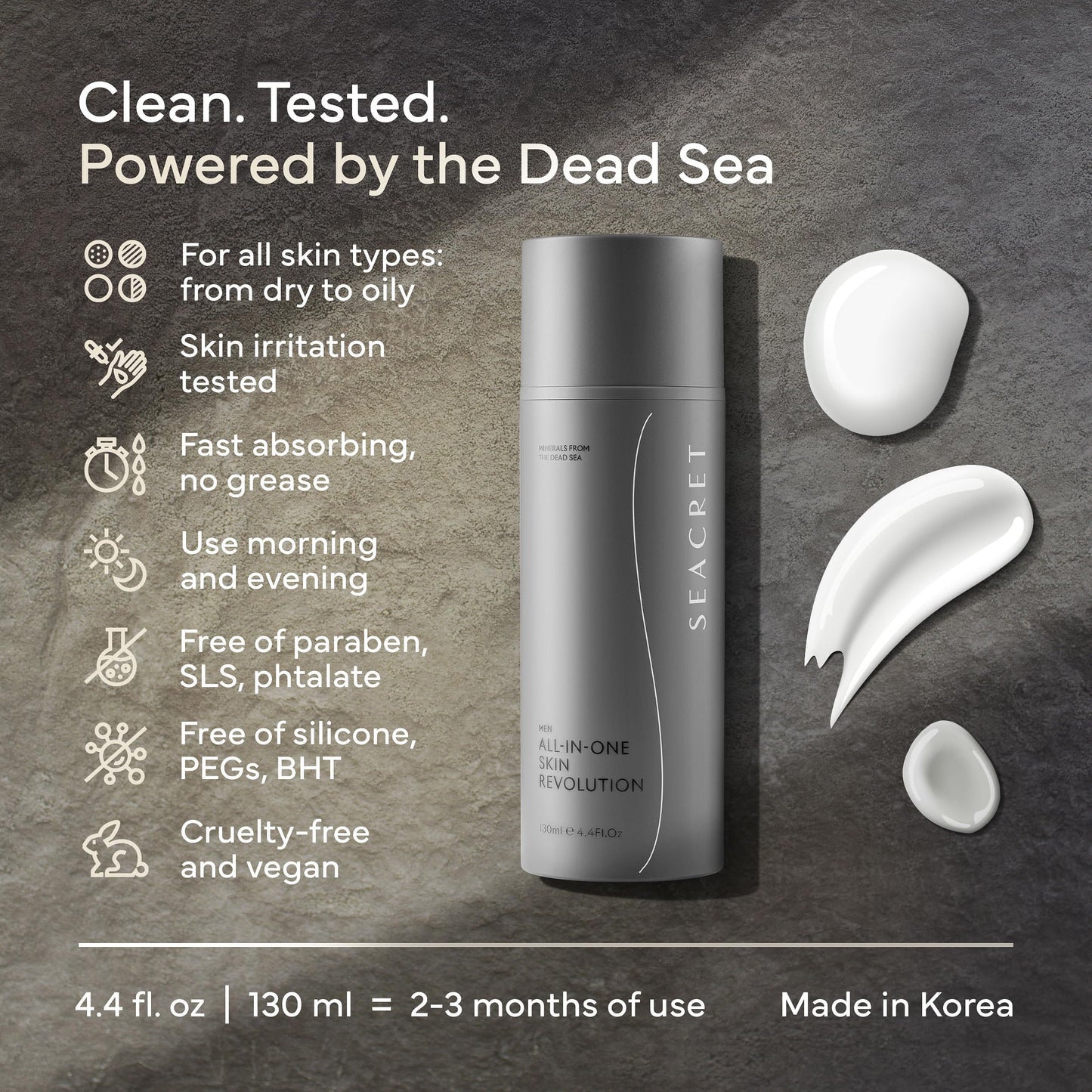 SEACRET Men’s All-in-One Face Moisturizer & Aftershave - 4-Month Supply, Anti-Aging Cream with Niacinamide & Adenosine, Non-Greasy Daily Hydration for Sensitive Skin, 4.4 Fl Oz / 125 ml