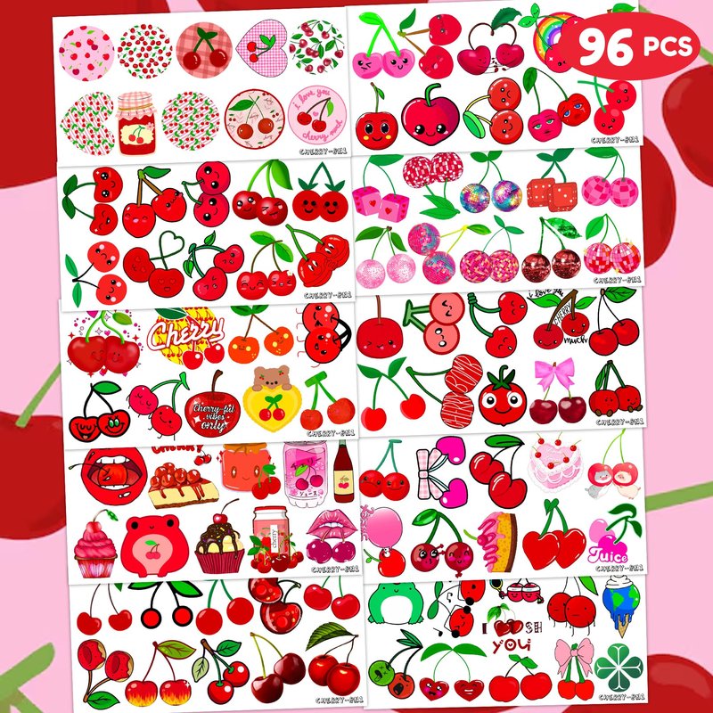 Generic 96 PCS Cute Cherry Tattoos Stickers Themed Fruit Birthday Party Decorations Supplies Favors Cherries Decor Cherry Print Gifts for Girls Boys School Classroom Prizes Rewards, Red