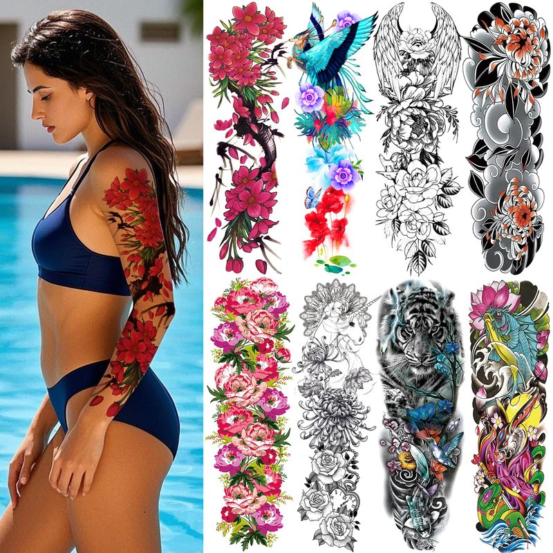 Christmas 8 Sheets Full Arm Temporary Tattoos for Adults, Waterproof Realistic Flower Bird Feather Fake Sleeve Tattoos For Women Men, Tiger Fish Tattoo Set Hand Body Art for Party Celebration Cosplay