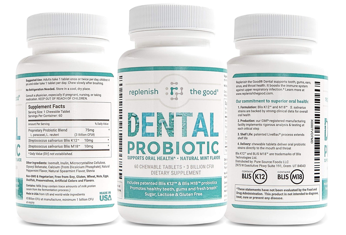 Dental Oral Probiotic, 60 Chewable Tablets - Supplements w/BLIS K12 & M18 - Bad Breath Treatment for Adults - Boosts Oral Health - Fights Halitosis, Tooth Decay, Strep Throat (Mint Flavor)