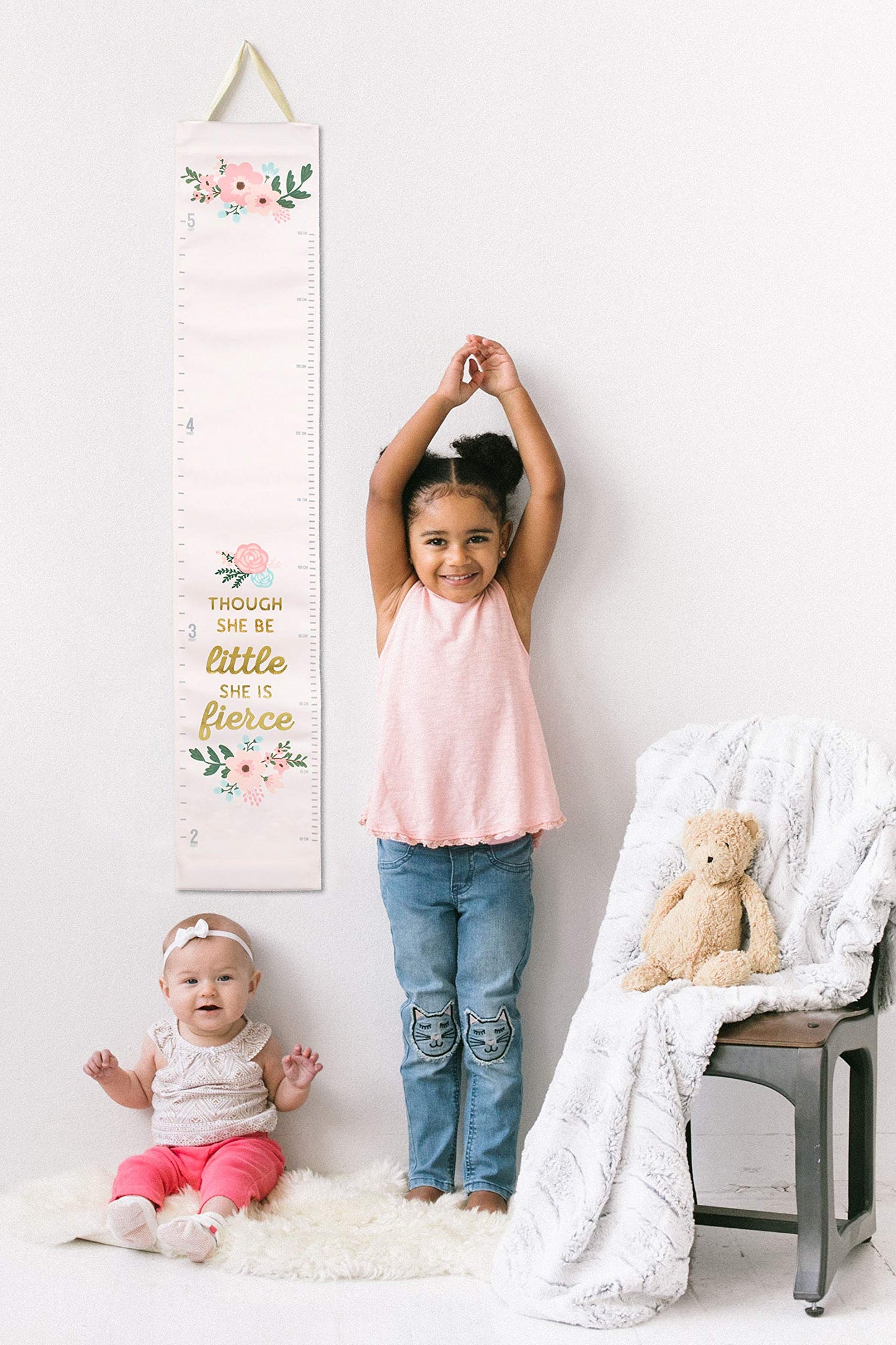 Pearhead Floral Wall Growth Chart for Girls, Kids Height Measuring Chart, Wall Decor for Girls Bedroom Or Nursery, Baby Growth Chart, Though She Be Little She is Fierce