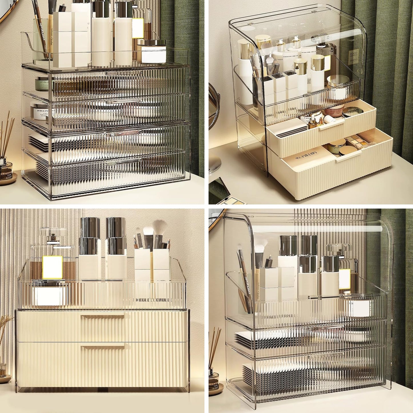 DASITON Clear Dustproof Two layers Storage Box,Makeup Brush Holder,Large Capacity Desktop Storage Box with Drawer,for Beauty Products,Perfume,Jewelry,Nail Polish