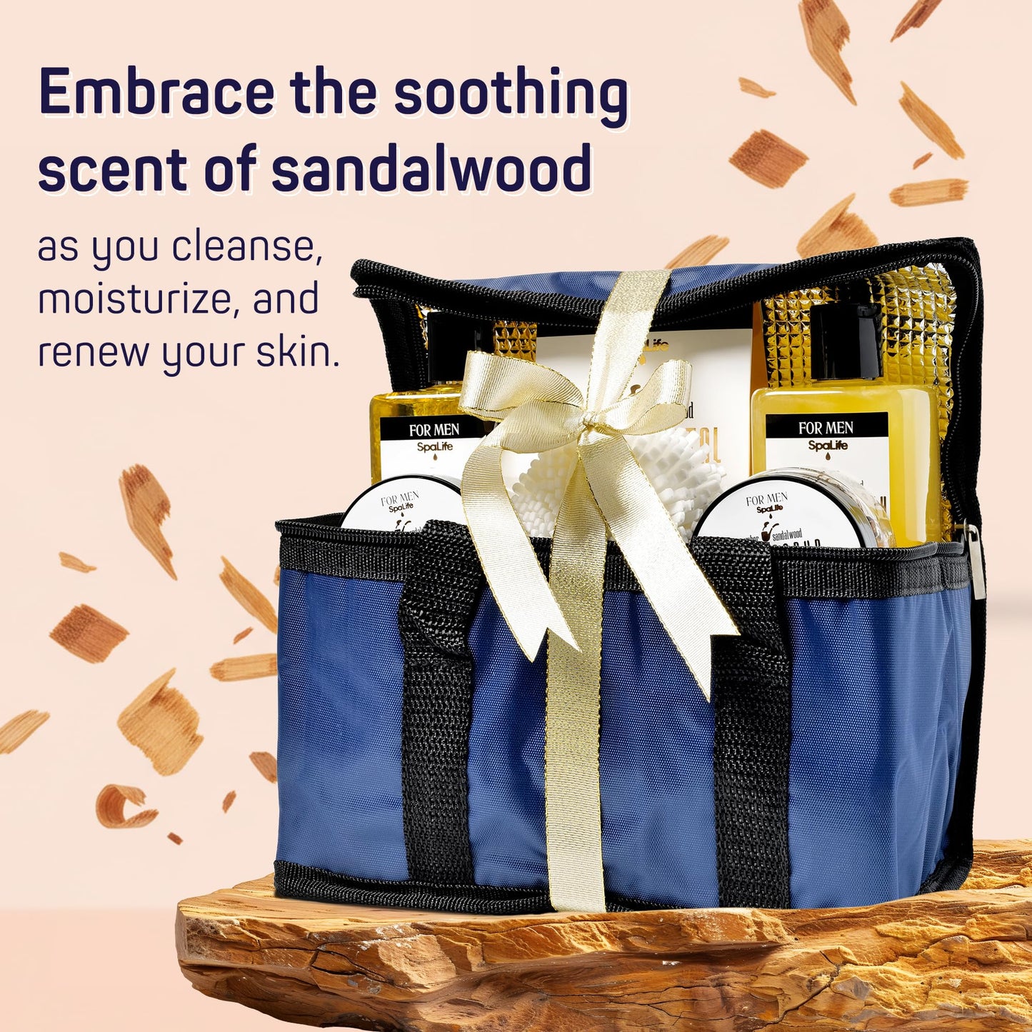 SpaLife Luxury Spa Skincare Sandalwood Gift Set for Men | Mens Body Wash Gifts | Mens Gift Set for Bath and Body | Gifts for Men | Cleansing, Moisturizing, Exfoliating | 7-Piece Bundle