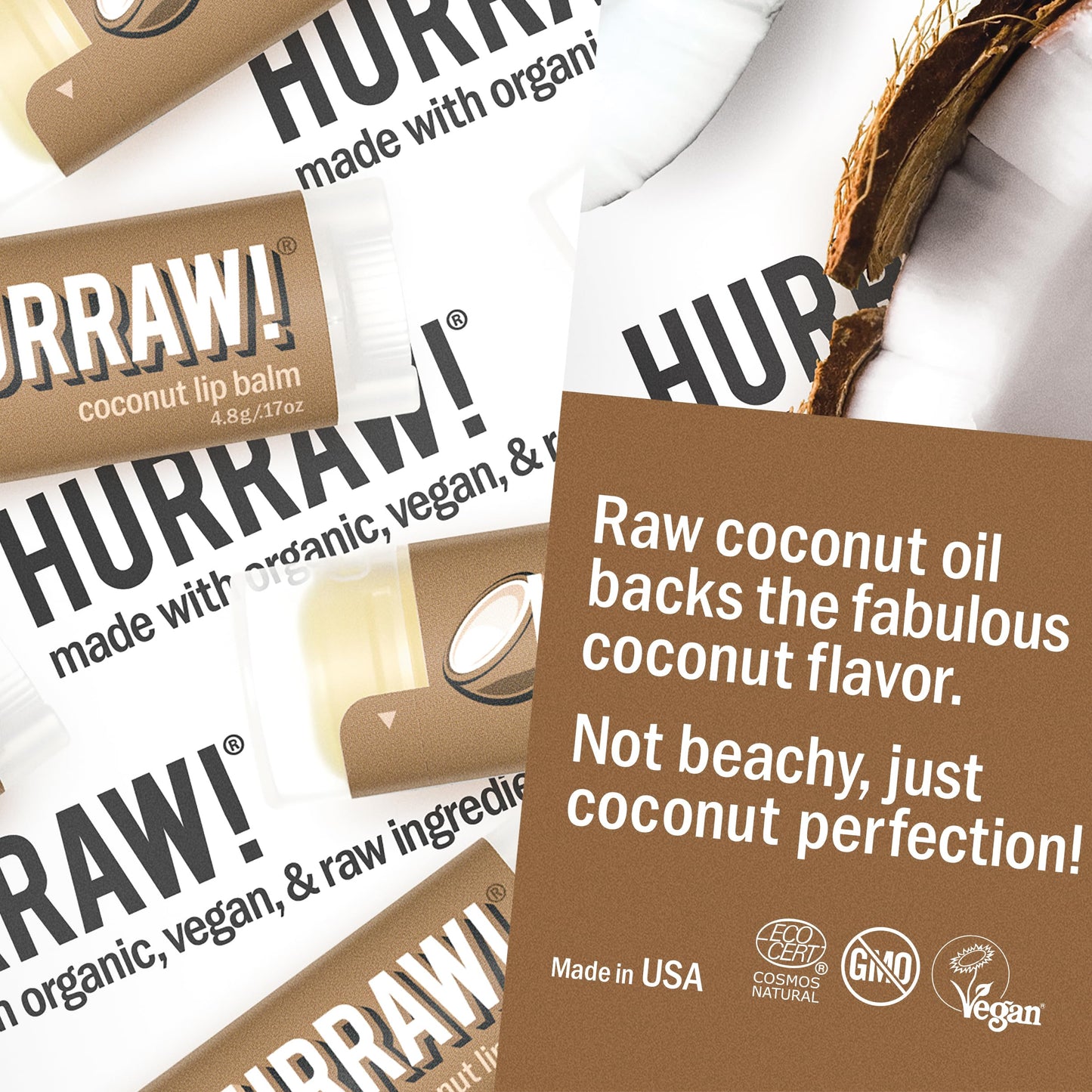 Hurraw! Coconut Lip Balm, 5 Pack: Organic, Certified Vegan, Cruelty and Gluten Free. Non-GMO, 100% Natural Ingredients. Bee, Shea, Soy and Palm Free. Made in USA