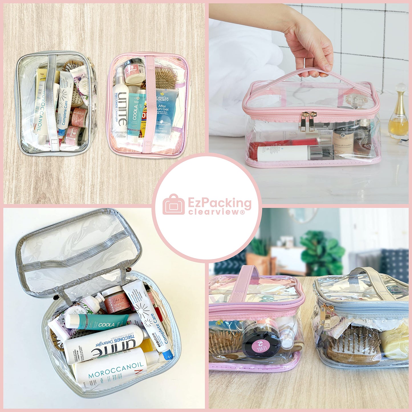 Large Cosmetic Bag for Women / Clear, See-Through Makeup, Hair & Nail Accessories Pouch for Travel or Home / Transparent PVC Plastic Organizer, Spacious Interior, Handle & Double Zippers (Silver)