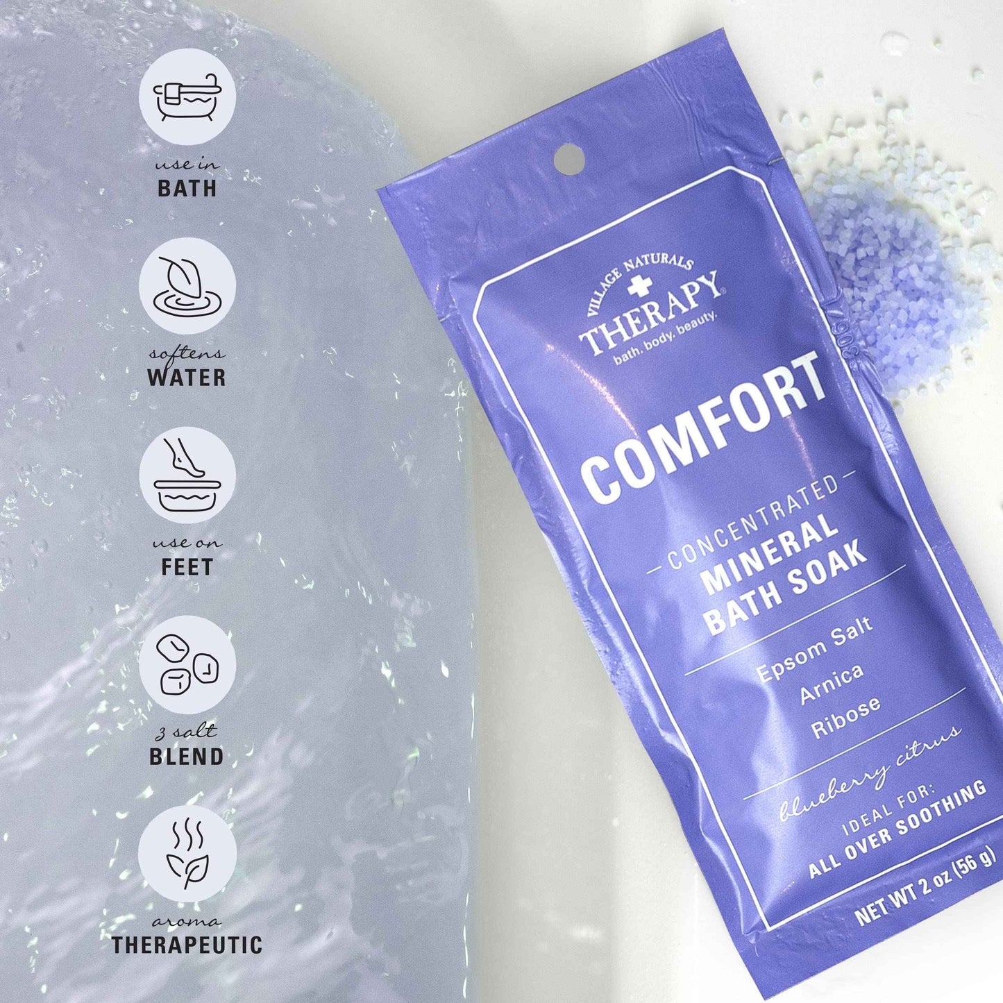Village Naturals Therapy, Comfort Concentrated Mineral Bath Soak, Blueberry Citrus, 2 Oz, Pack of 12