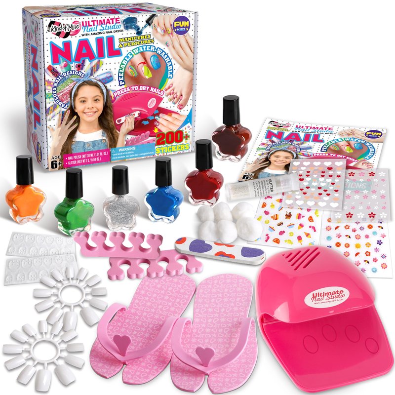 Kid Nail Art Kit for Girls, FunKidz Nail Studio Kits Size 17.91Wx12.4L with Peelable Nail Polish Nail Dryer Teens Makeup Mani Pedi Set Spa Party Gift