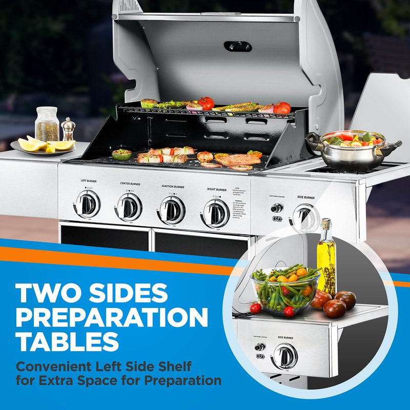 NutriChef 52,000 BTU 5-Burner Stainless Steel Propane Gas Grill with Portable Design, Electronic Ignition, Built-in Thermometer and Heavy-Duty Construction