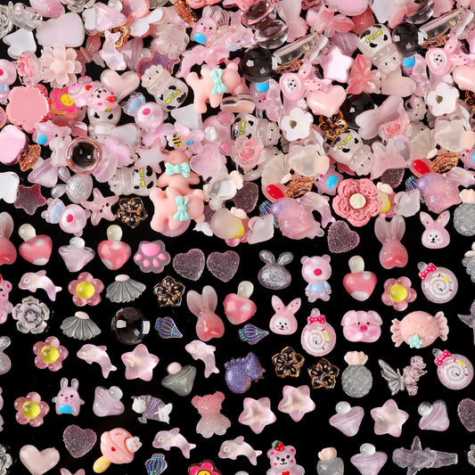 COOSLIM 150pcs Cute & Sweet 3D Animal Nail Charms for Acrylic Nails, Flower Bear Butterfly Animal Shape Charms for Nail, Perfect for Nail Art Decorations & DIY Accessories Crafts（Pink