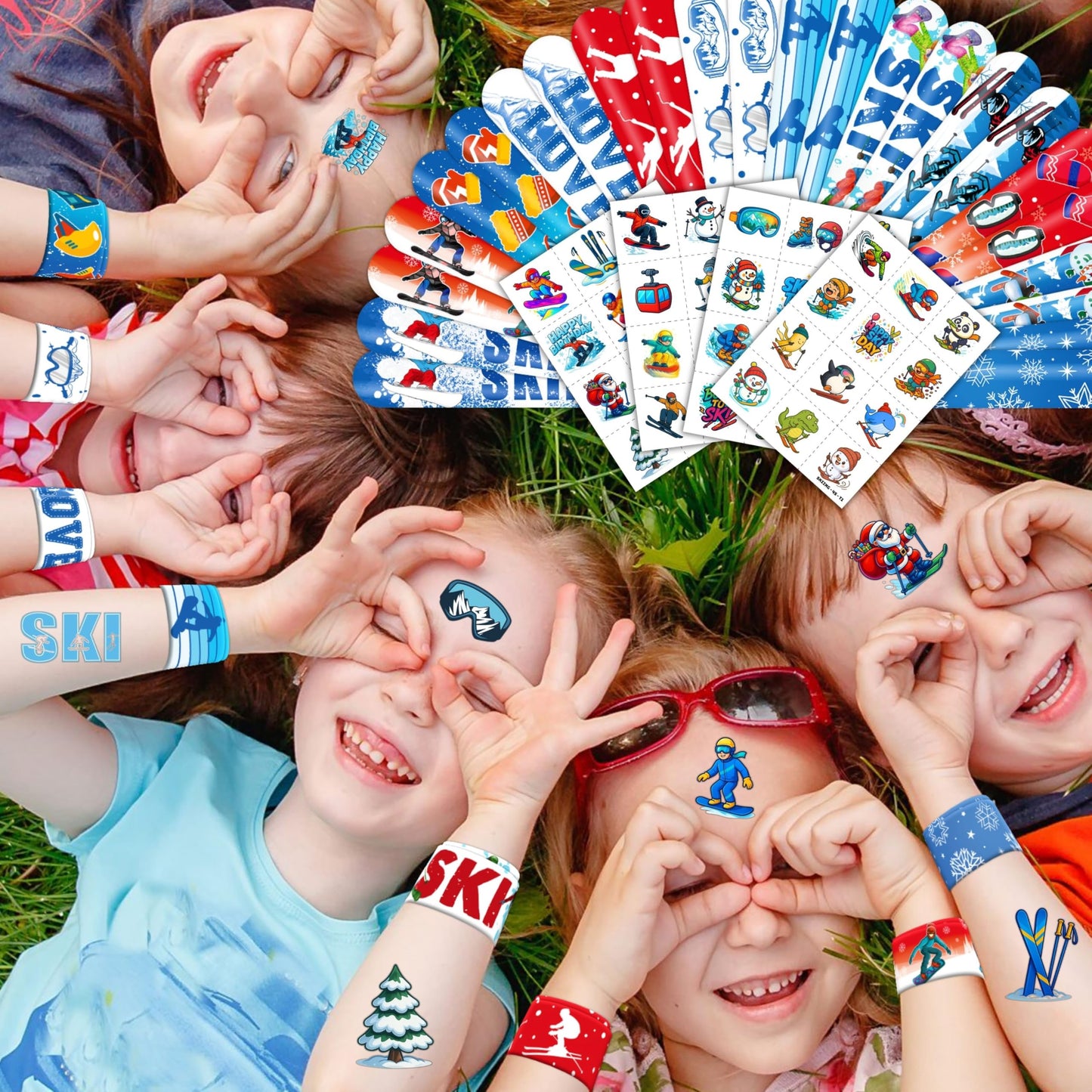 72PCS Skiing Party Set - 48PCS Temporary Tattoos & 24PCS Slap Bracelets - Fun Winter Sports-Themed Birthday Supplies, Baby Shower Gifts, Classroom Rewards & Party Decor for Kids (Boys & Girls)