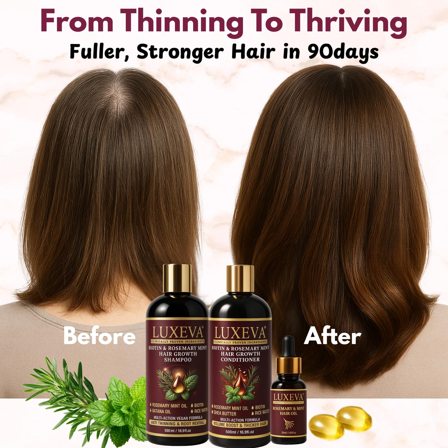 LUXEVA 3 in 1 Biotin & Rosemary Mint Shampoo & Conditioner Set For Women | Professional Botanical Hair Growth Shampoo and Conditioner For Thinning Hair, Scalp Health & Natural Volume | 16oz Each