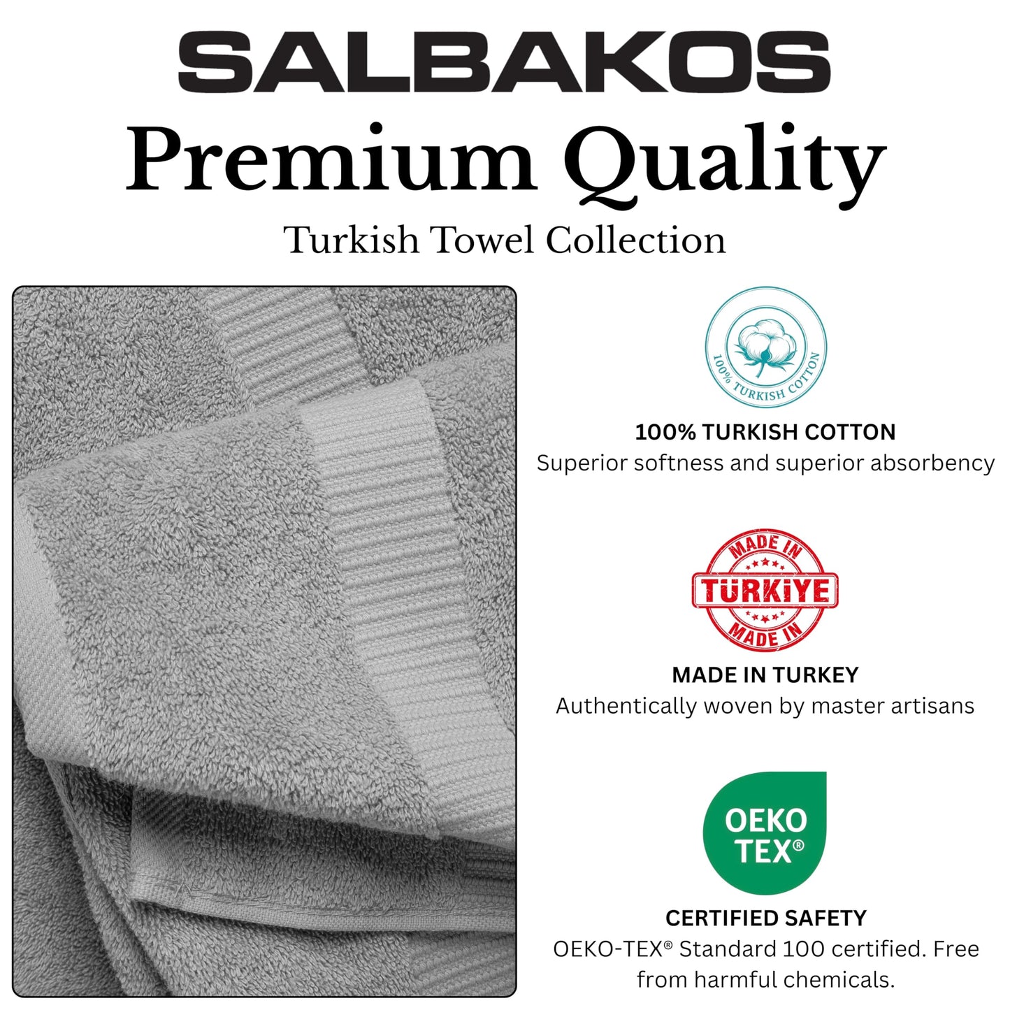 SALBAKOS 100% Turkish Cotton Washcloth Set of 12, 13x13 inch | Premium Quality | Hotel & Spa Collection | Ultra Soft, Super Absorbent, Wash Cloth Towels | Made in Turkey (Silver 12 Pcs Washcloth)