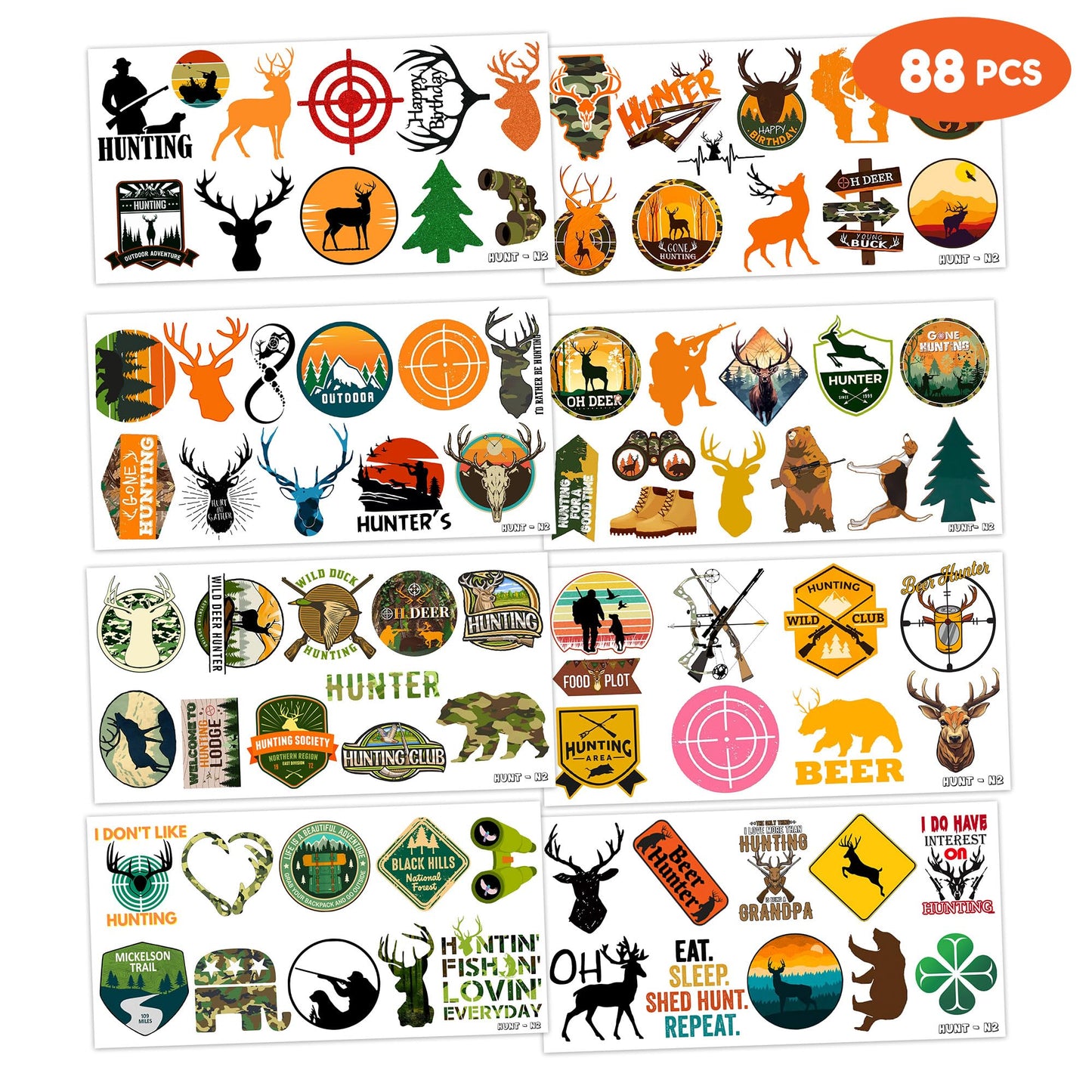 88 PCS Hunting Temporary Tattoos for Kids - Hunting Oh Deer Camo Party